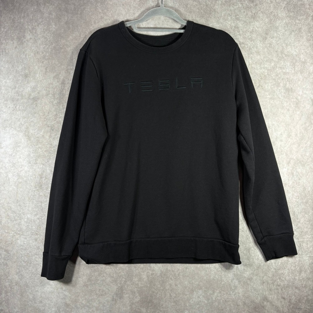 Tesla Sweatshirt Mens Size Medium Black Spellout Crewneck Pullover‎ Embroidered